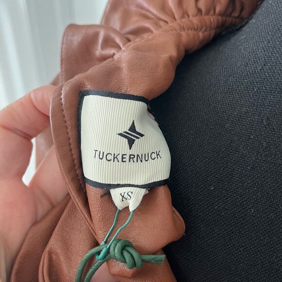 NWT TUCKERNUCK Cognac Leather Faye Blouse SZ XS EUC Faux Leather - Picture 6 of 6